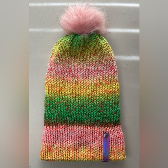 NWT Beanie w/Brim and PomPom, Green, Yellow, Pink, Double Fabric, Teen/Sm Adult - Picture 7 of 9